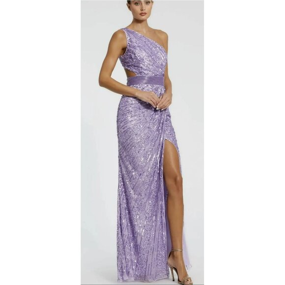 Mac Duggal Purple Sequined One Shoulder Lace Up Gown Dress Sz 0 NWT - Picture 1 of 8